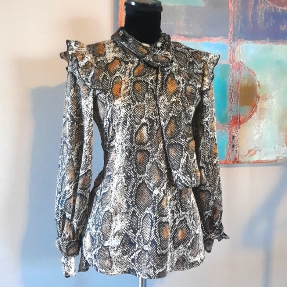 Zara Snakeskin Print Ruffled Scarf Tie Blouse/ Pullover Size XS